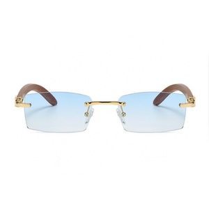 Sky Blue Tint Rimless Gold Frame Mens Woodgrain Hip Hop Fashion Retro Sunglasses